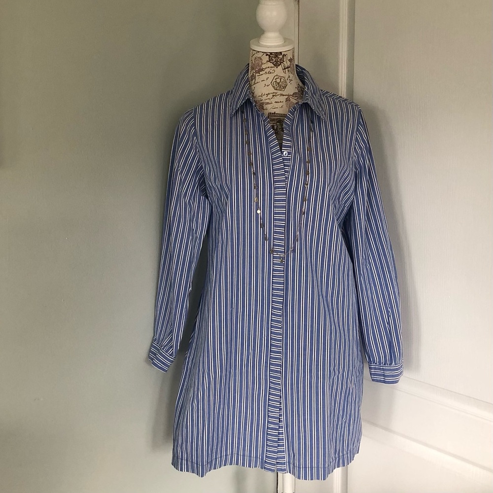 SOLD HEATON UK Tunic Shirt blouse Size M Blue White Stripes Cotton long sleeve